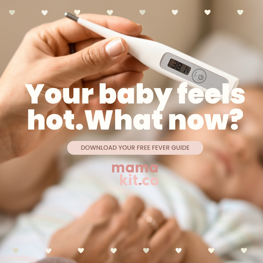 Mamakit free baby fever guide with a thermometer and illustrated fever decision tree.”